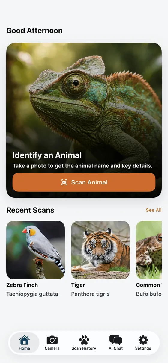 Animal Identifier home screen with the Scan Animal button and recent scans