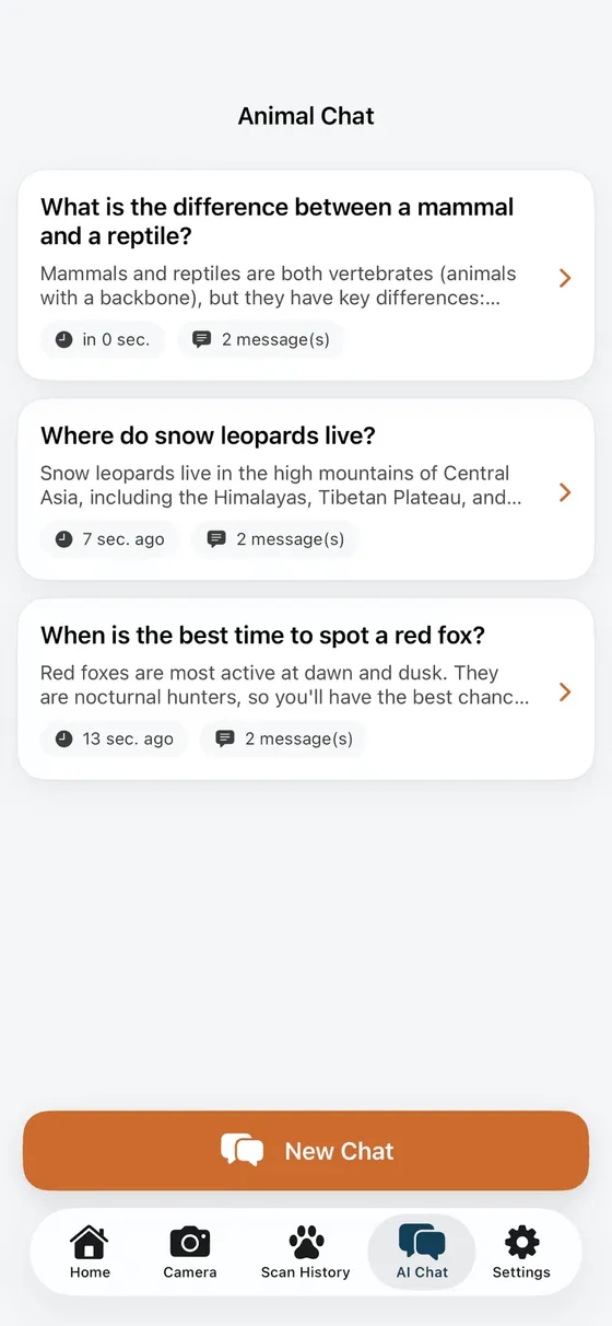 Animal Identifier chat answering questions about snow leopards and red foxes