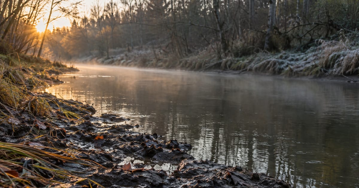 A muddy creek bank at first light, churned and soft, with the far side of the water still in shadow